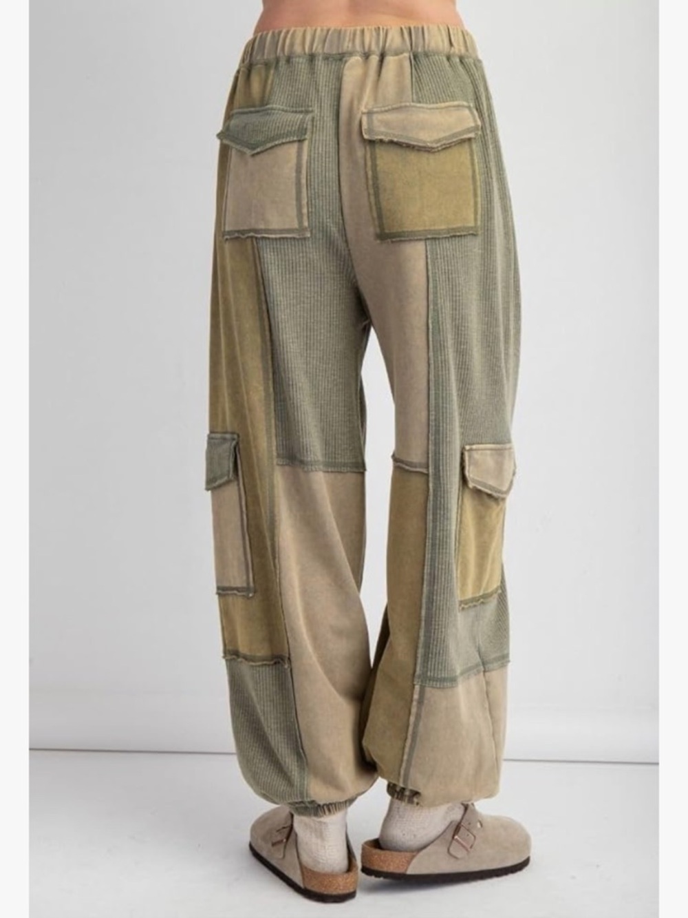 Easel Ayla Color Block Patchwork Terry Knit Cargo Jogger Pants size small olive - Picture 5 of 5